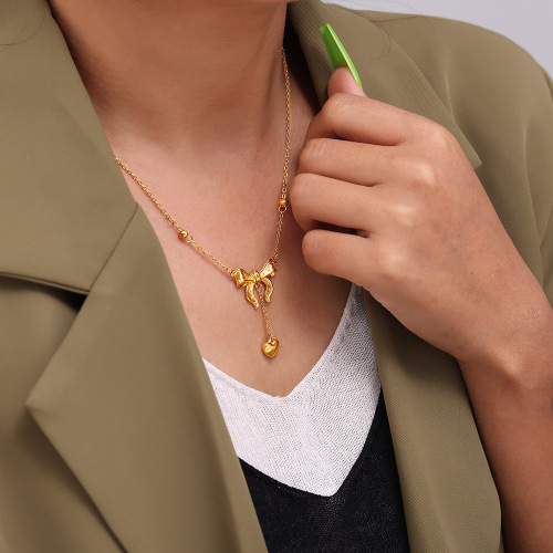 FXNT1310 Heart tassel bow clavicle necklace sweet style women's necklace 18k real gold plated