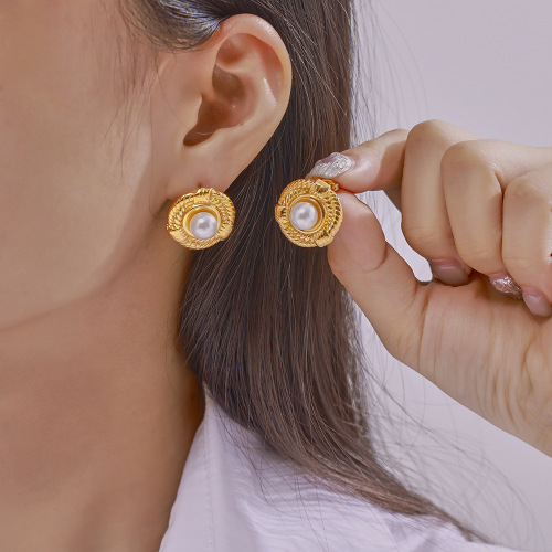 FXET892 British geometric line twist earrings round plate inlaid shell bead gold-plated earrings
