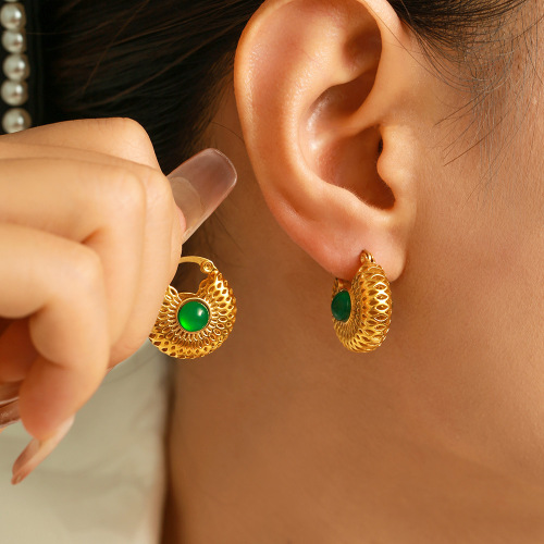 FXET814 Green glass hollow gold earrings, 18k gold-plated earrings