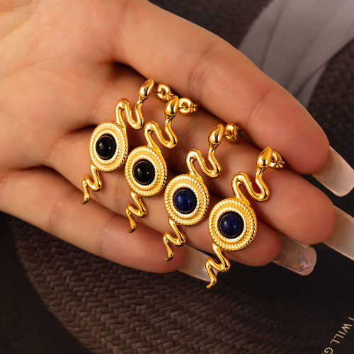 FXET875 British spirit snake shape earrings texture round plate inlaid natural stone agate earrings