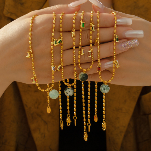 FXNT1351 Rice bead chain inlaid with colored zirconium jewelry natural stone pendant necklace