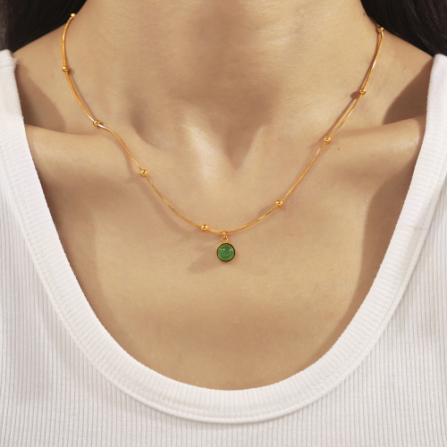 FXNT1355 Green stone pendant necklace, detachable and stackable, stainless steel, plated with 18k gold