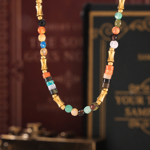FXNT1350 Bohemian dopamine color natural stone beaded necklace stainless steel clavicle necklace
