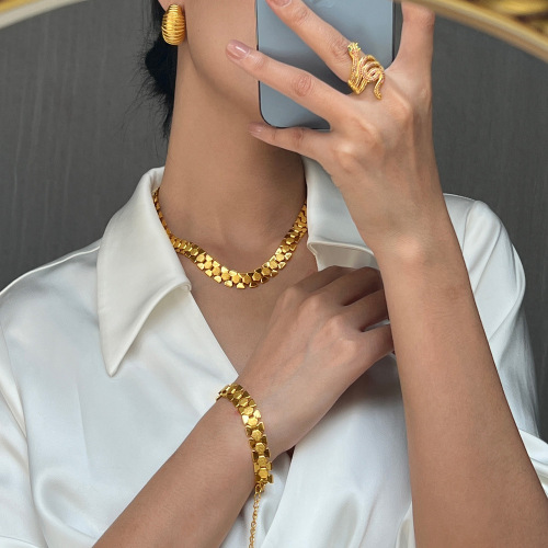 FXST44 Geometric splicing thick bracelet necklace 18k gold-plated set