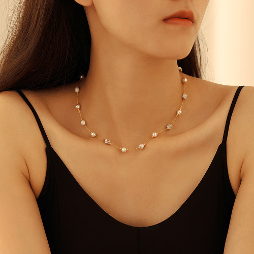 FXST1 Natural stone imitation pearl clavicle necklace bracelet stainless steel women's set