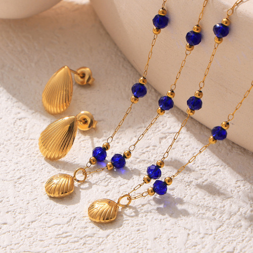 FXST31 Starfish shell pendant blue crystal necklace earrings 18k gold plated jewelry set