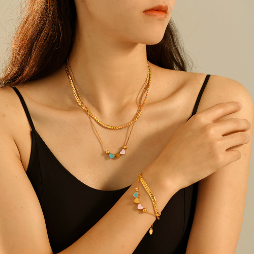 FXST9 Colorful oil drop love double-layer necklace bracelet stainless steel set ornaments