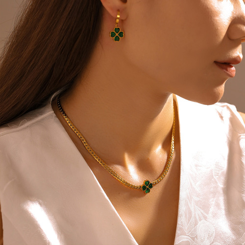 FXST42 Four-leaf flower love glass stone set 2024 stainless steel earrings necklace bracelet three-piece set