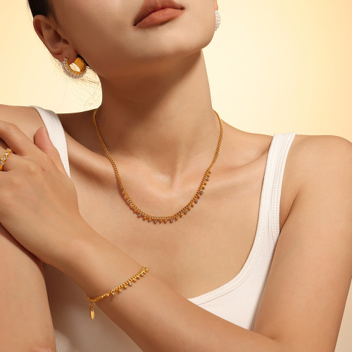 FXST26 Round bead interval diamond tassel necklace bracelet 18k real gold plated set
