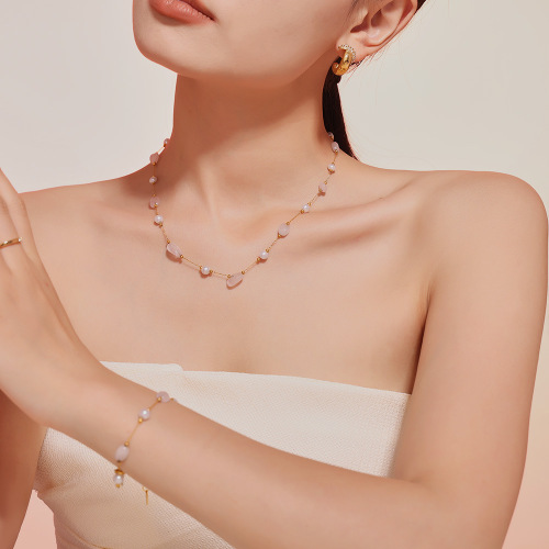 FXST21 Natural stone imitation pearl clavicle necklace super fairy stainless steel necklace bracelet set