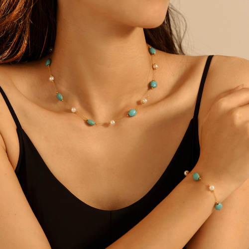 FXST8 Natural blue turquoise imitation pearl necklace bracelet stainless steel set