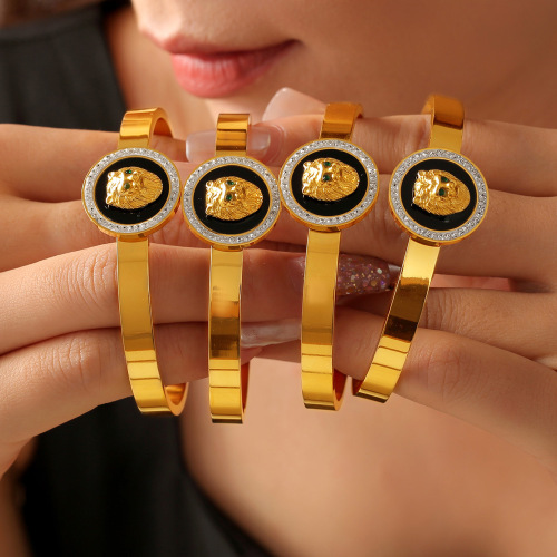 FXGT32 Hip-hop style textured lion-shaped round plate jewelry inlaid with diamonds and smooth bracelet