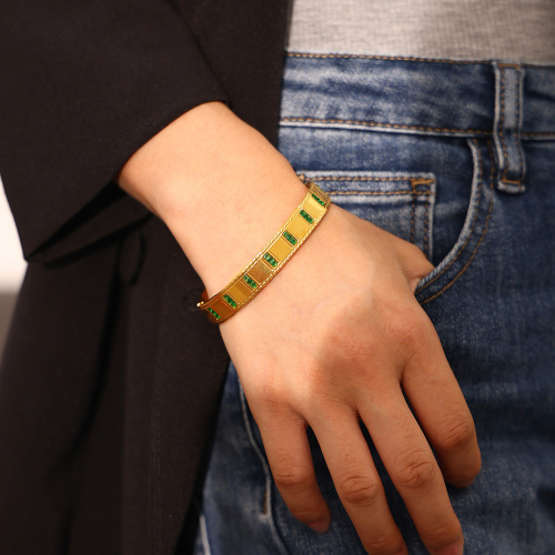 FXGT12 Inlaid natural green glass stone bracelet plated 18K gold jewelry female