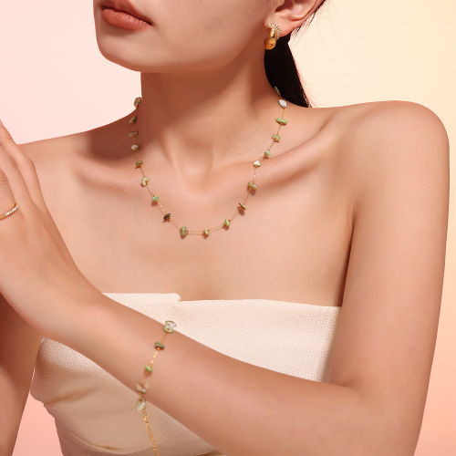 FXST23 Natural gravel handmade clavicle necklace bracelet stainless steel women's set