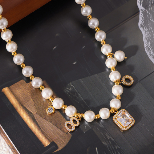 FXST41 2024 geometric number tag shell bead bracelet necklace 18k gold plated jewelry set for women