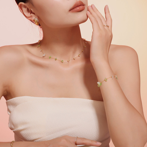FXST28 Natural gravel clavicle necklace bracelet Xiaoqing sweet stainless steel handmade chain women's set