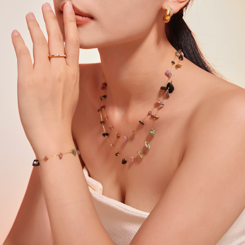 FXST29 Colorful natural gravel Bohemian necklace bracelet irregular stainless steel jewelry set women