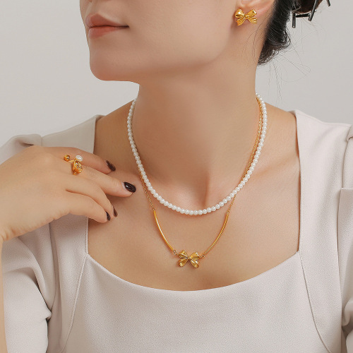 FXST15 Bow necklace earrings sweet princess stacked shell pearl clavicle chain gold-plated set