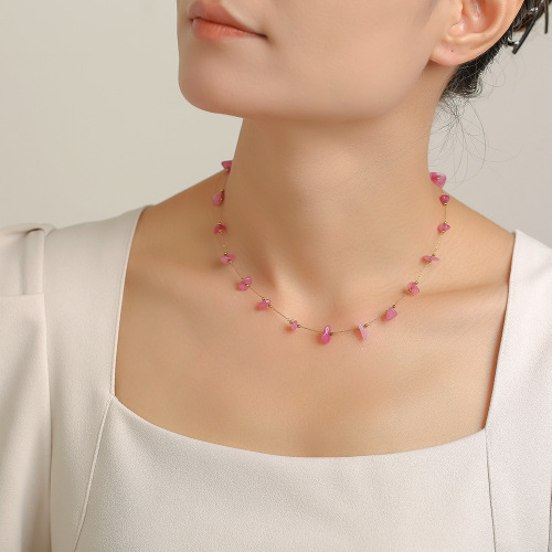 FXST18 Bohemian pink natural stone handmade clavicle necklace bracelet stainless steel women's set