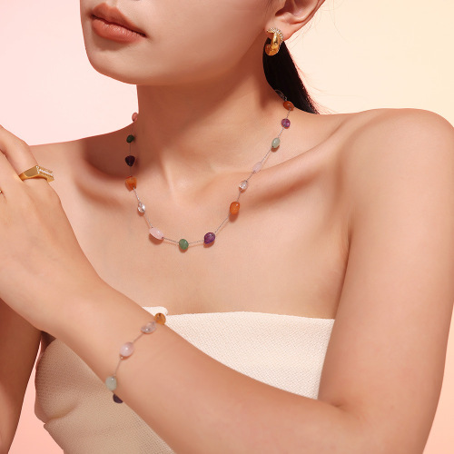 FXST13 Colorful natural stone beaded necklace bracelet stainless steel dopamine Set
