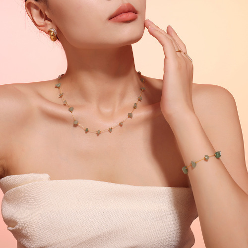 FXST24 Natural green gravel stainless steel clavicle necklace bracelet sweet Handmade chain jewelry set