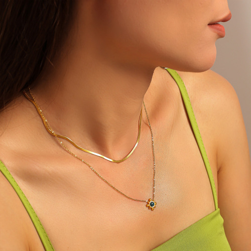FXST30 Small sunflower natural gemstone earrings clavicle necklace 18k real gold plated stacking set