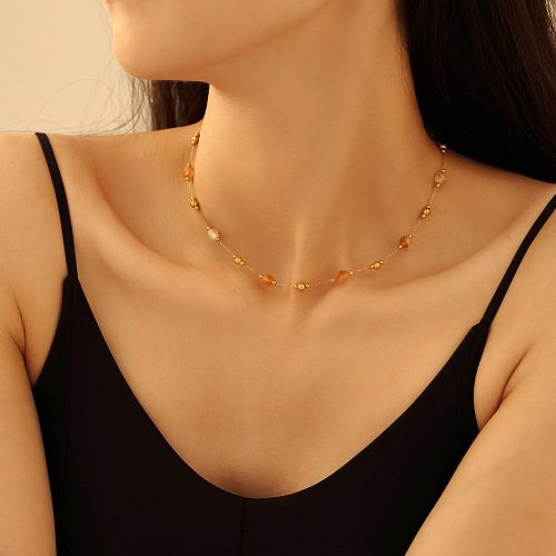 FXST4 Natural stone gold beaded necklace bracelet stainless steel handmade chain sweet set