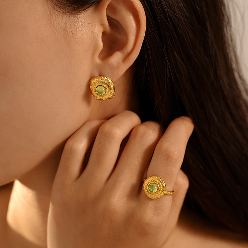 FXST10 Square thread green glass earrings open ring set PVD plated 18K real gold