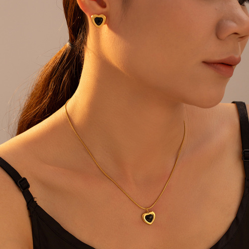 FXST34 Black heart necklace earrings set Accessories