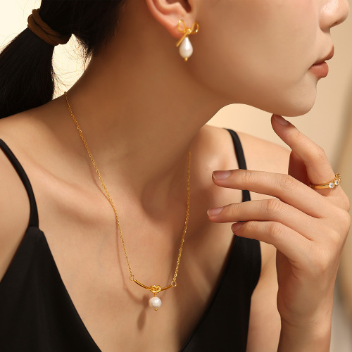 FXST27 Hollow bow earrings freshwater pearl knot necklace stainless steel sweet girlfriends set