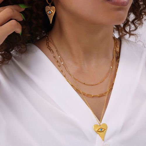 FXST39 Heart-shaped devil eye pendant earrings multi-layer necklace 18k gold plated set