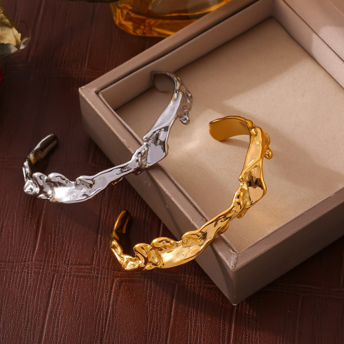 FXGT13 Irregular hammered wave pattern bracelet open stainless steel plated 18K gold jewelry female