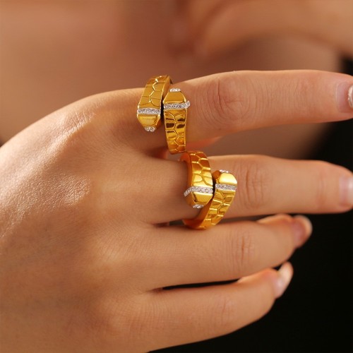 FXRT456 Stone texture inlaid rhinestone ring plated 18k real gold geometric open ring