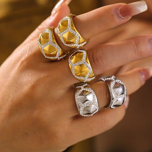 FXRT501 Pentagonal splicing inlaid diamond ring 18k gold plated jewelry