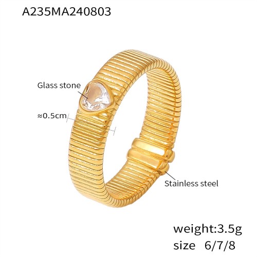 FXRT440 Step texture ring colorful heart-shaped glass stone ring stainless steel plated 18k real gold female