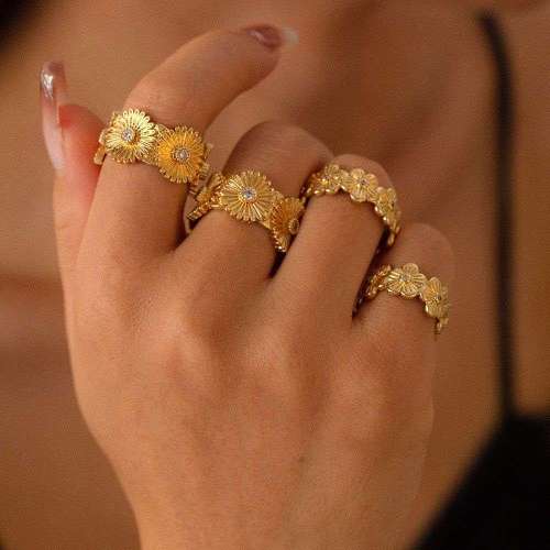 FXRT531 Forest-style Qing open ring geometric texture flower inlaid diamond copper material Rings