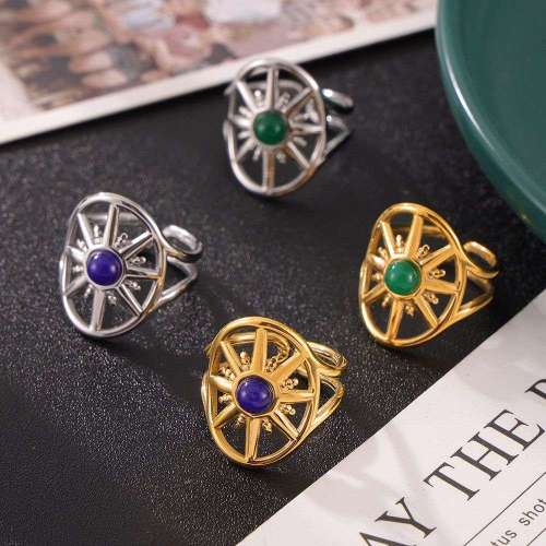 FXRT573 Hollow round card, eight-pointed star inlaid natural turquoise plated open ring