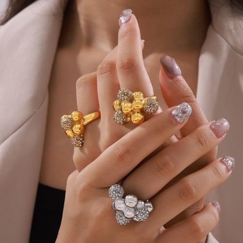 FXRT540 Round bead splicing ring geometric diamond round plate copper material gold-plated open ring