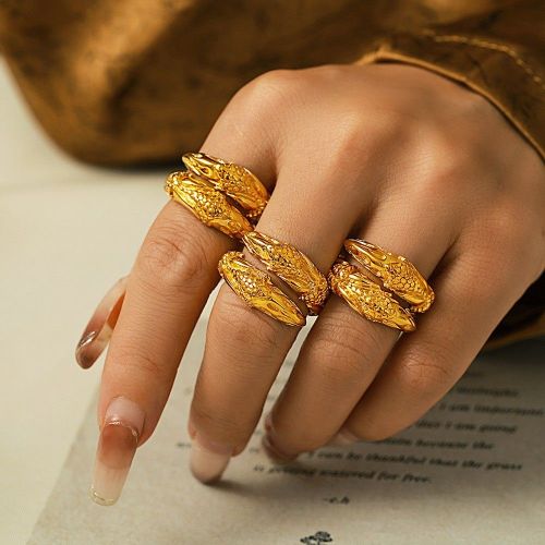 FXRT444 Circular texture carving hammer open open ring stainless steel plated 18k real gold