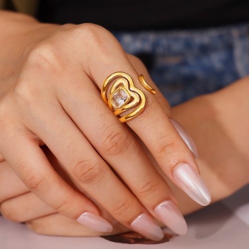 FXRT472 Hollow winding line crystal zircon open ring stainless steel gold plated