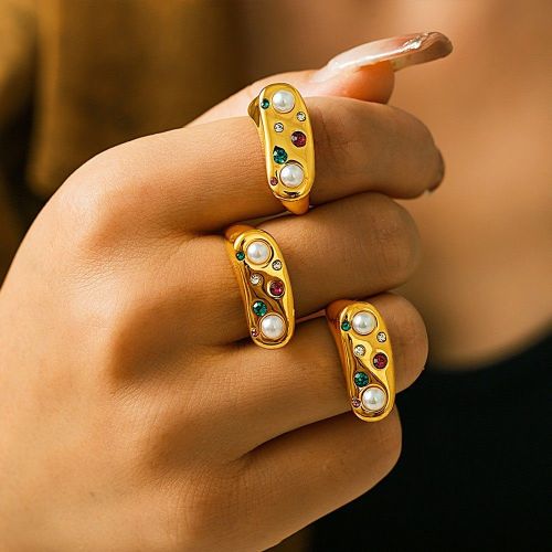 FXRT439 Colored diamond imitation pearl ring open stainless steel plated 18k real gold 2024 ring