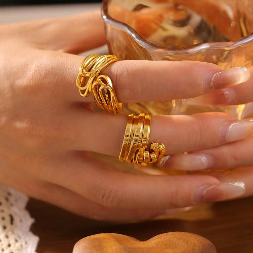 FXRT466 Wrinkled hollow line splicing ring copper plated 18k real gold style open ring