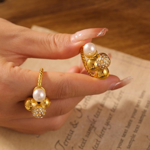 FXRT471 Multi-ball splicing inlaid diamond imitation pearl twisted pattern ring plated 18k real gold