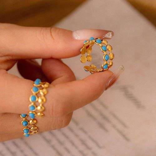 FXRT530 Double-layer jewelry round plate splicing inlaid blue turquoise open ring