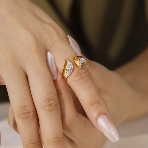 FXRT498 Geometric arc inlaid diamond ring open 18k real gold plated hand jewelry