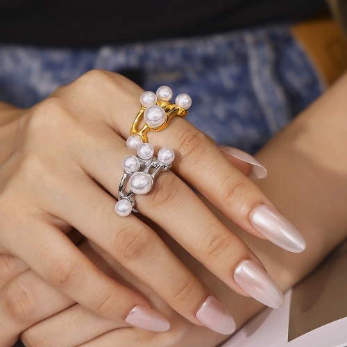 FXRT494 Inlaid imitation pearl hollow ring stainless steel 18k real gold plated jewelry