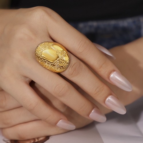 FXRT479 Patterned wide-faced ring 18k gold-plated irregular texture stainless steel