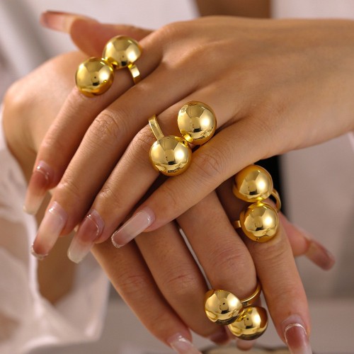 FXRT507 Gold round diamond-faced ring, open copper material, 18k gold-plated jewelry