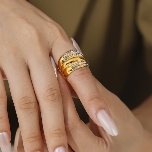 FXRT497 Diamond inlaid multi-layer row of diamonds ring hip-hop ring stainless steel 18k real gold plated