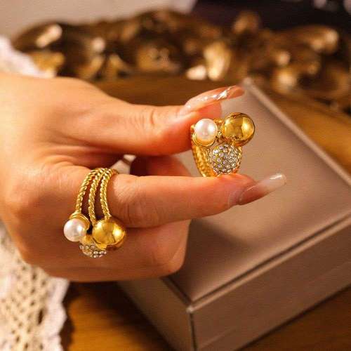 FXRT461 Ball inlaid imitation pearl full diamond ring plated 18k gold jewelry wholesale
